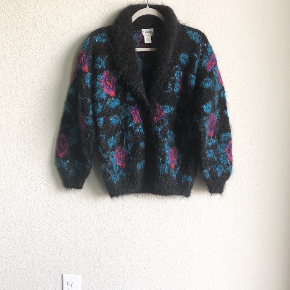 Atlandia Vintage Mohair Blend Fuzzy Cardigan Sweater Black Small
